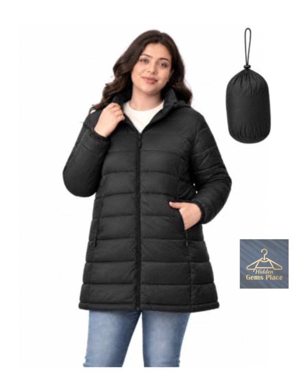 Women's Plus Size Packable Puffer Jacket Detachable Hood Polyamide